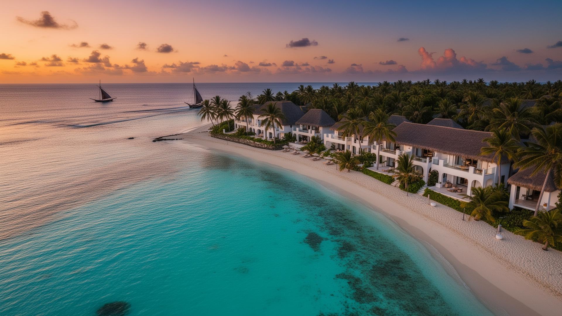 Aerial view of luxury Zanzibar beachfront resort at sunset